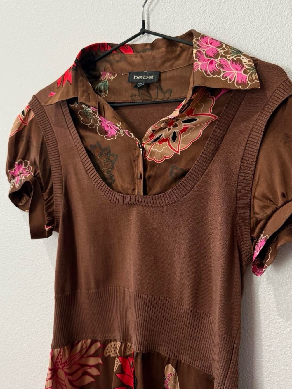 Y2K Baby Doll silk floral empire waist office siren Bebe brown silk blouse - Picture 2 of 8